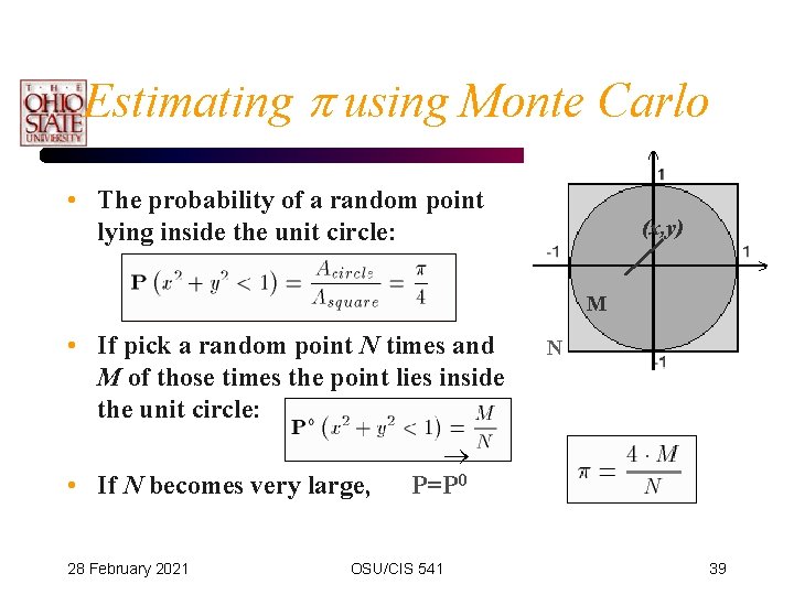 Estimating p using Monte Carlo • The probability of a random point lying inside