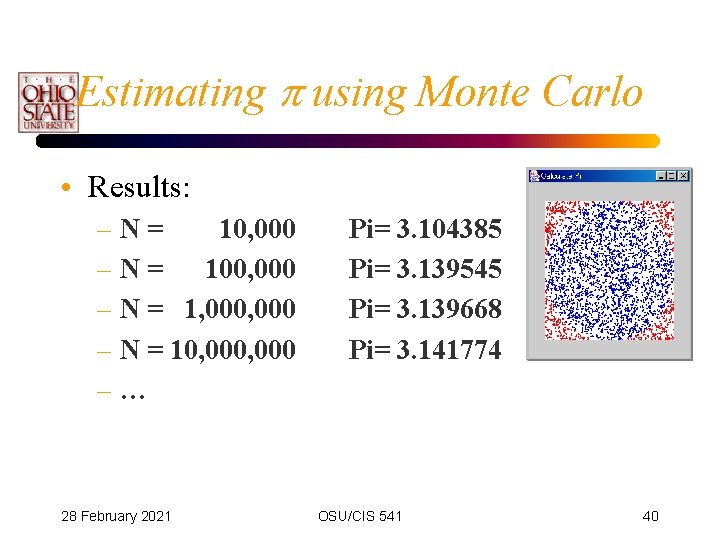Estimating p using Monte Carlo • Results: –N= 10, 000 – N = 100,