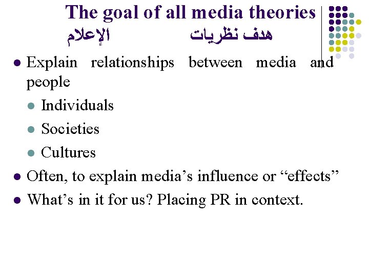 The goal of all media theories ﺍﻹﻋﻼﻡ ﻫﺪﻑ ﻧﻈﺮﻳﺎﺕ l l l Explain relationships