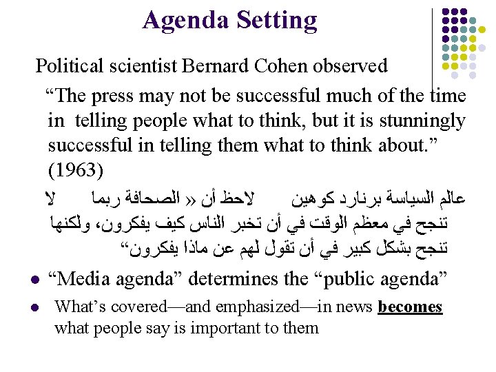 Agenda Setting Political scientist Bernard Cohen observed “The press may not be successful much