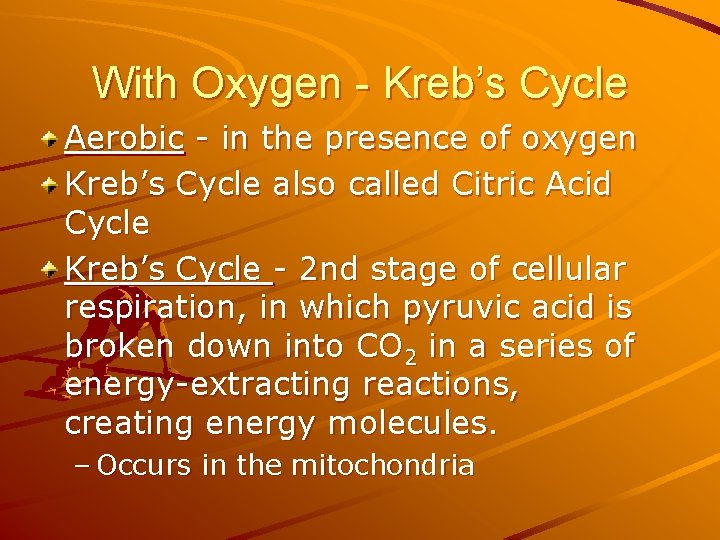 With Oxygen - Kreb’s Cycle Aerobic - in the presence of oxygen Kreb’s Cycle