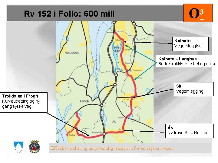 O 3 Rv 152 i Follo: 600 mill Kolbotn Vegomlegging Kolbotn – Langhus Bedre