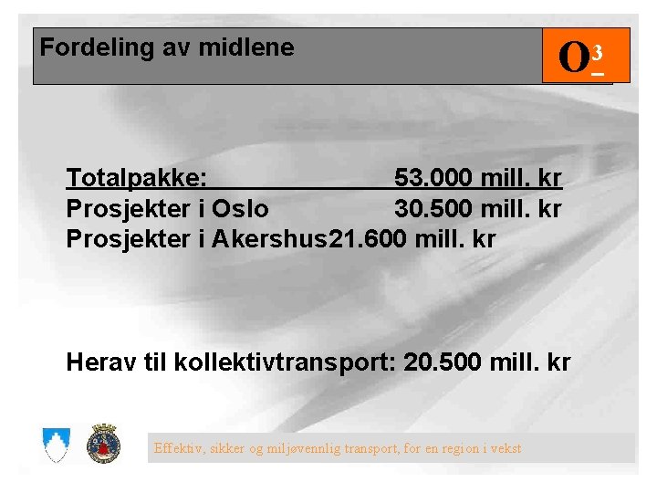 Fordeling av midlene O 3 Totalpakke: 53. 000 mill. kr Prosjekter i Oslo 30.
