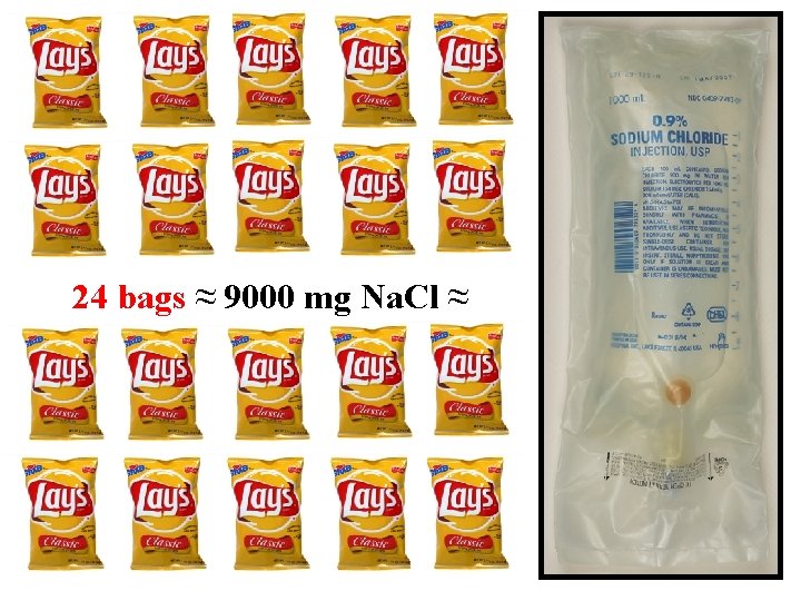 24 bags ≈ 9000 mg Na. Cl ≈ 24 bags ≈ 9000 mg Na. Cl ≈