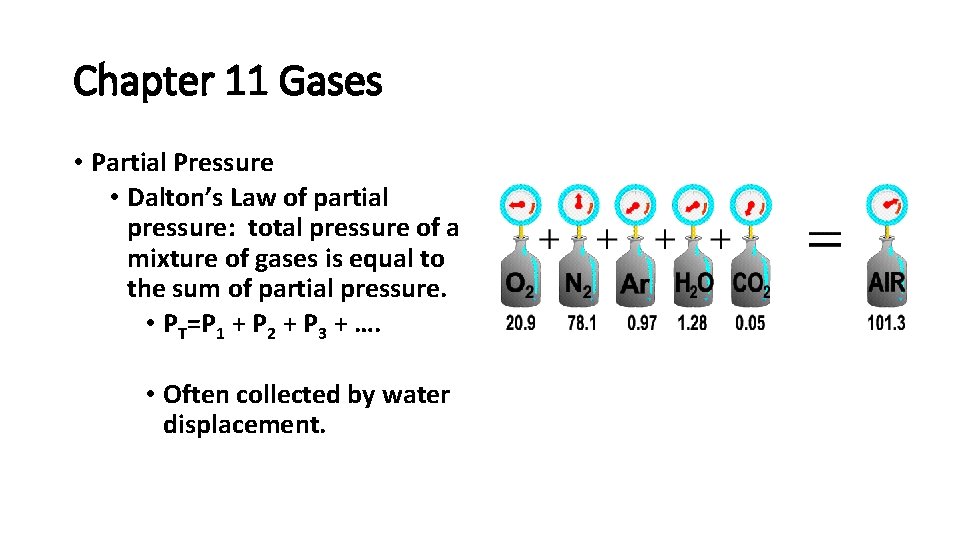 Chapter 11 Gases • Partial Pressure • Dalton’s Law of partial pressure: total pressure Chapter 11 Gases • Partial Pressure • Dalton’s Law of partial pressure: total pressure
