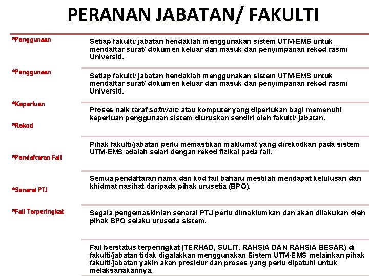 PERANAN JABATAN/ FAKULTI *Penggunaan *Keperluan Setiap fakulti/ jabatan hendaklah menggunakan sistem UTM-EMS untuk mendaftar