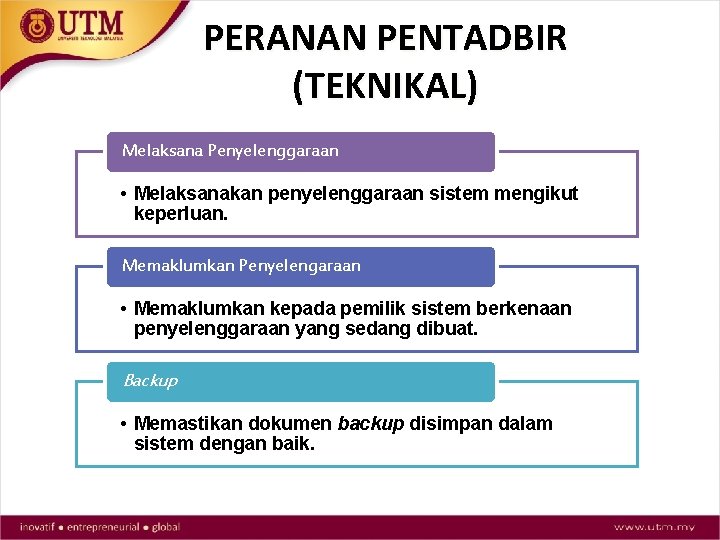 PERANAN PENTADBIR (TEKNIKAL) Melaksana Penyelenggaraan • Melaksanakan penyelenggaraan sistem mengikut keperluan. Memaklumkan Penyelengaraan •