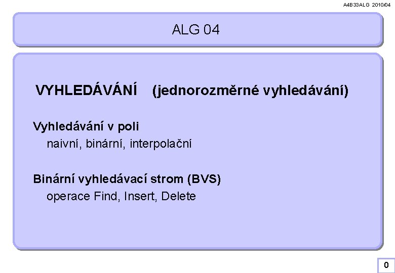 A 4 B 33 ALG 2010/04 ALG 04 VYHLEDÁVÁNÍ (jednorozměrné vyhledávání) Vyhledávání v poli