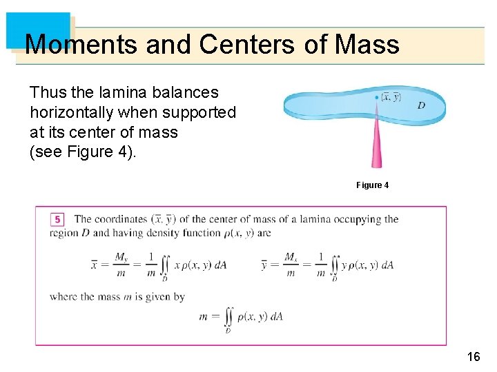 Moments and Centers of Mass Thus the lamina balances horizontally when supported at its