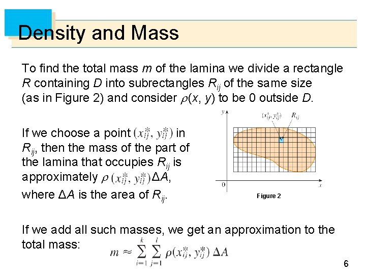 Density and Mass To find the total mass m of the lamina we divide