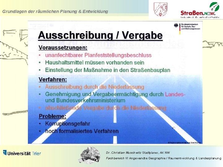 Grundlagen der räumlichen Planung & Entwicklung Dr. Christian Muschwitz Stadtplaner, AK NW Fachbereich VI