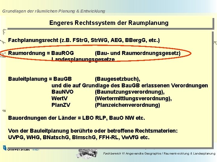Grundlagen der räumlichen Planung & Entwicklung Engeres Rechtssystem der Raumplanung Fachplanungsrecht (z. B. FStr.