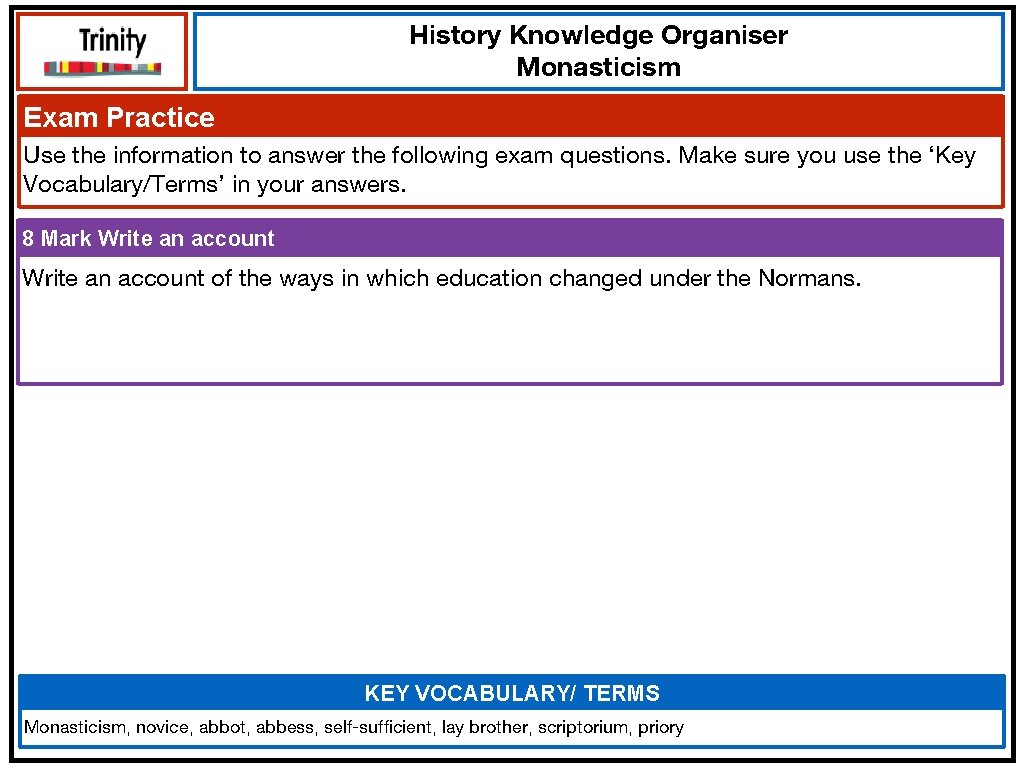 History Knowledge Organiser Monasticism Exam Practice Use the information to answer the following exam