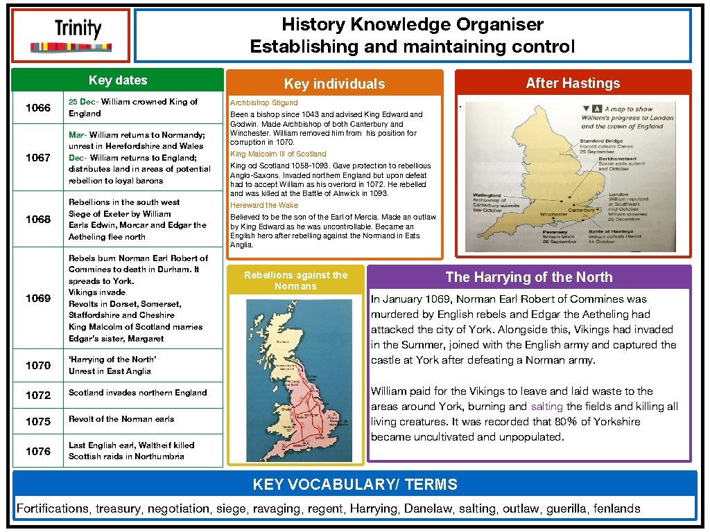 History Knowledge Organiser Establishing and maintaining control Key dates 1066 25 Dec- William crowned