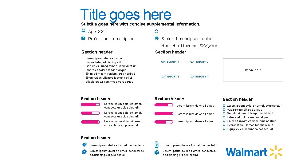 Title goes here Subtitle goes here with concise supplemental information. Age: XX Profession: Lorem