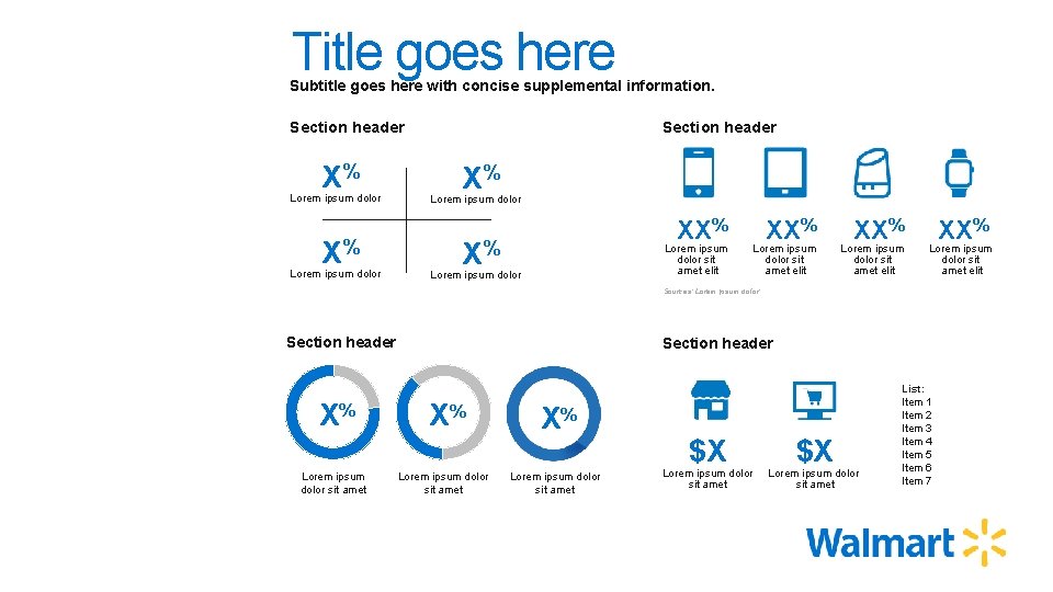 Title goes here Subtitle goes here with concise supplemental information. Section header X% Lorem