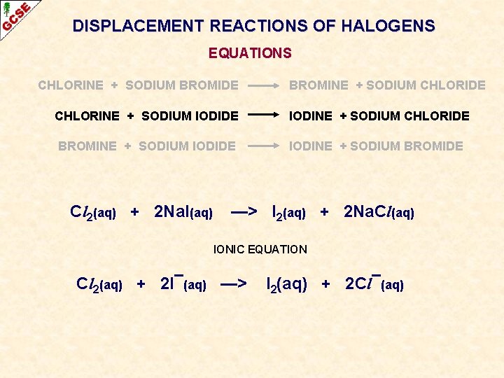DISPLACEMENT REACTIONS OF HALOGENS EQUATIONS CHLORINE + SODIUM BROMIDE BROMINE + SODIUM CHLORIDE CHLORINE DISPLACEMENT REACTIONS OF HALOGENS EQUATIONS CHLORINE + SODIUM BROMIDE BROMINE + SODIUM CHLORIDE CHLORINE