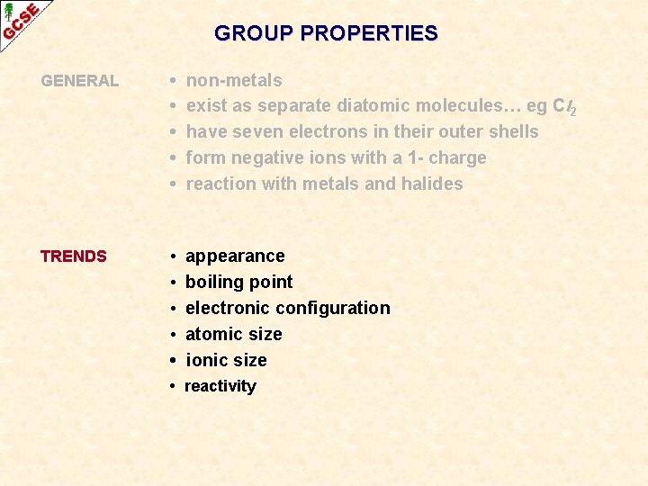 GROUP PROPERTIES GENERAL • • • non-metals exist as separate diatomic molecules… eg Cl GROUP PROPERTIES GENERAL • • • non-metals exist as separate diatomic molecules… eg Cl