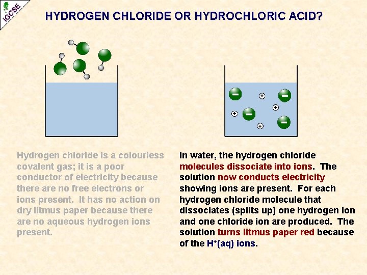 HYDROGEN CHLORIDE OR HYDROCHLORIC ACID? Hydrogen chloride is a colourless covalent gas; it is HYDROGEN CHLORIDE OR HYDROCHLORIC ACID? Hydrogen chloride is a colourless covalent gas; it is