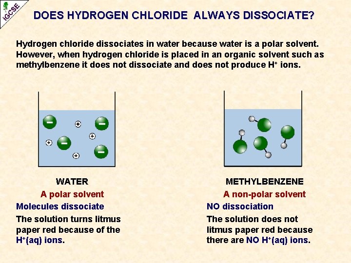 DOES HYDROGEN CHLORIDE ALWAYS DISSOCIATE? Hydrogen chloride dissociates in water because water is a DOES HYDROGEN CHLORIDE ALWAYS DISSOCIATE? Hydrogen chloride dissociates in water because water is a