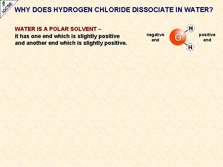 WHY DOES HYDROGEN CHLORIDE DISSOCIATE IN WATER? WATER IS A POLAR SOLVENT – it WHY DOES HYDROGEN CHLORIDE DISSOCIATE IN WATER? WATER IS A POLAR SOLVENT – it