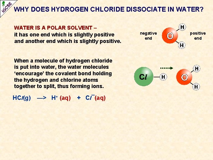 WHY DOES HYDROGEN CHLORIDE DISSOCIATE IN WATER? WATER IS A POLAR SOLVENT – it WHY DOES HYDROGEN CHLORIDE DISSOCIATE IN WATER? WATER IS A POLAR SOLVENT – it