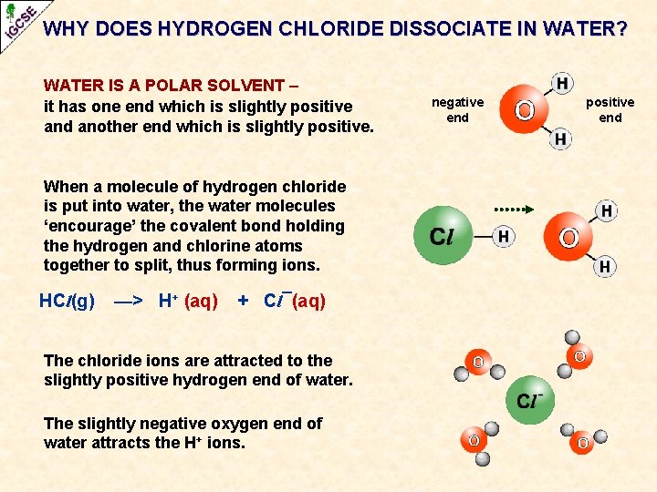 WHY DOES HYDROGEN CHLORIDE DISSOCIATE IN WATER? WATER IS A POLAR SOLVENT – it WHY DOES HYDROGEN CHLORIDE DISSOCIATE IN WATER? WATER IS A POLAR SOLVENT – it