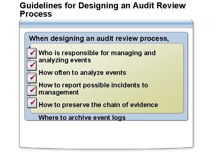Guidelines for Designing an Audit Review Process When designing an audit review process, define: Guidelines for Designing an Audit Review Process When designing an audit review process, define: