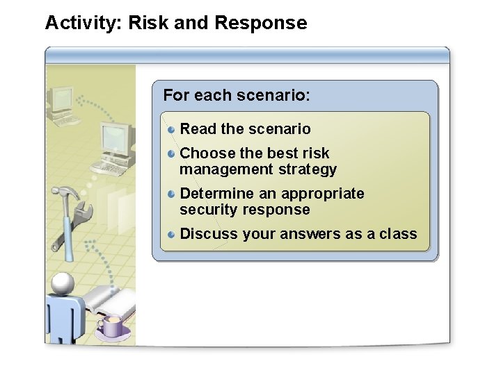 Activity: Risk and Response For each scenario: Read the scenario Choose the best risk Activity: Risk and Response For each scenario: Read the scenario Choose the best risk
