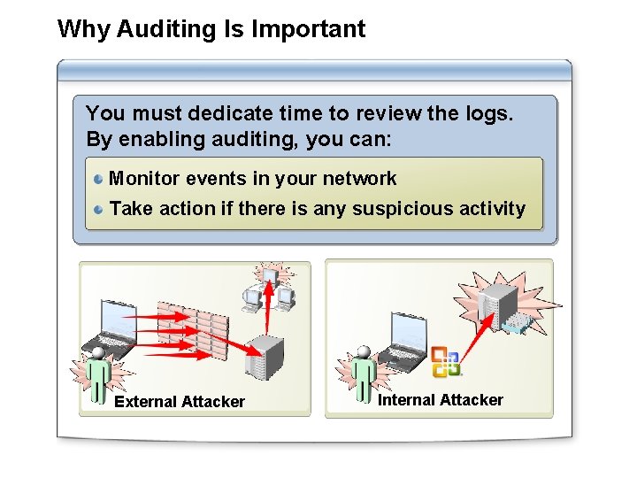 Why Auditing Is Important You must dedicate time to review the logs. By enabling Why Auditing Is Important You must dedicate time to review the logs. By enabling