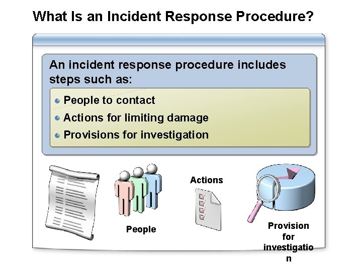 What Is an Incident Response Procedure? An incident response procedure includes steps such as: What Is an Incident Response Procedure? An incident response procedure includes steps such as: