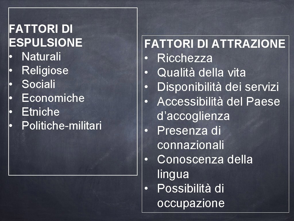 FATTORI DI ESPULSIONE • Naturali • Religiose • Sociali • Economiche • Etniche •