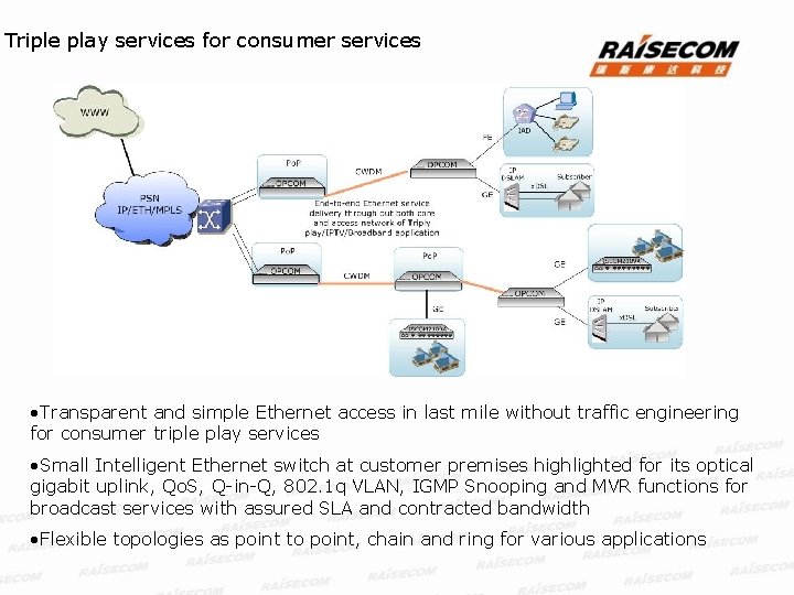 Triple play services for consumer services • Transparent and simple Ethernet access in last