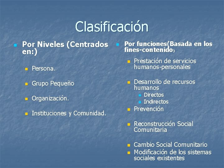 Clasificación n Por Niveles (Centrados en: ) n Persona. n Grupo Pequeño n Organización.