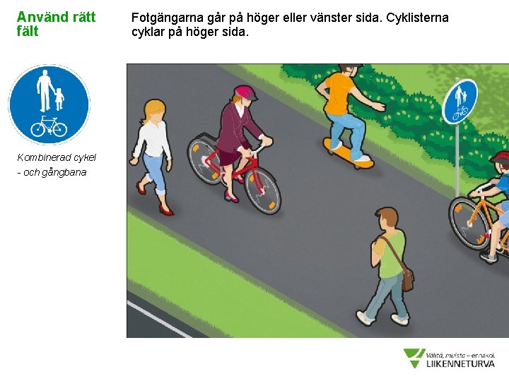 Använd rätt fält Kombinerad cykel - och gångbana Fotgängarna går på höger eller vänster