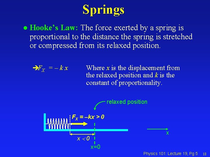 Springs l Hooke’s Law: The force exerted by a spring is proportional to the