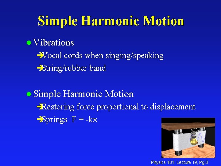 Simple Harmonic Motion l Vibrations èVocal cords when singing/speaking èString/rubber band l Simple Harmonic