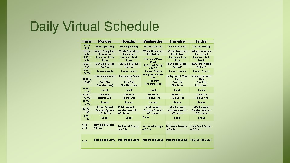 Daily Virtual Schedule Time 7: 30 – 8: 00 – 8: 20 – 8: