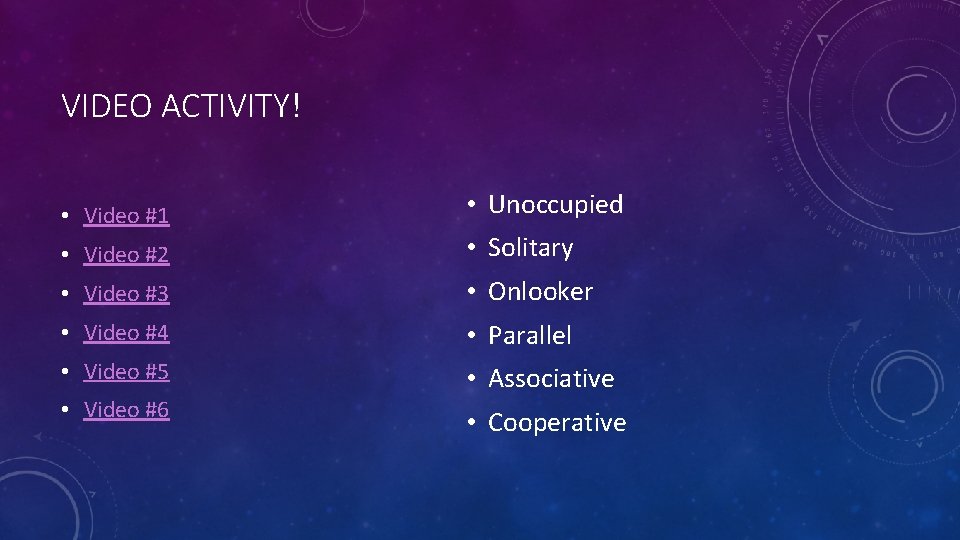 VIDEO ACTIVITY! • Video #1 • Unoccupied • Video #2 • Solitary • Video