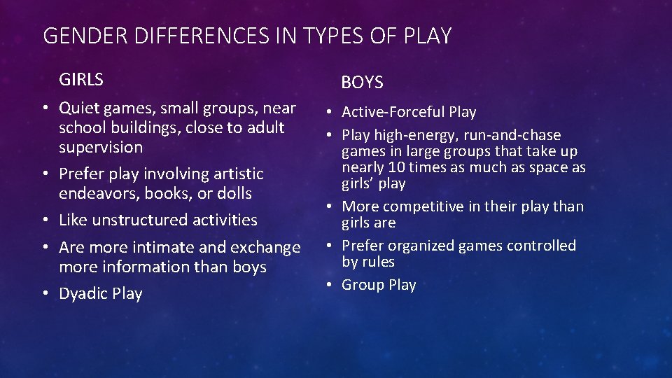 GENDER DIFFERENCES IN TYPES OF PLAY GIRLS • Quiet games, small groups, near school