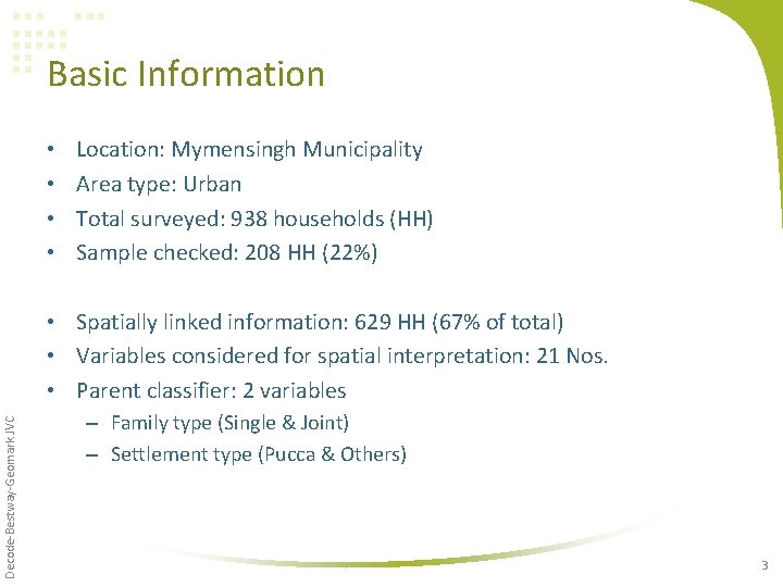 Basic Information • • Location: Mymensingh Municipality Area type: Urban Total surveyed: 938 households