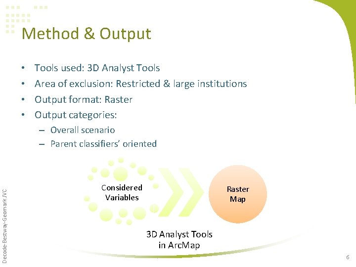 Method & Output • • Tools used: 3 D Analyst Tools Area of exclusion: