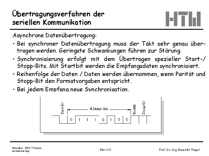 Übertragungsverfahren der seriellen Kommunikation Asynchrone Datenübertragung: • Bei synchroner Datenübertragung muss der Takt sehr