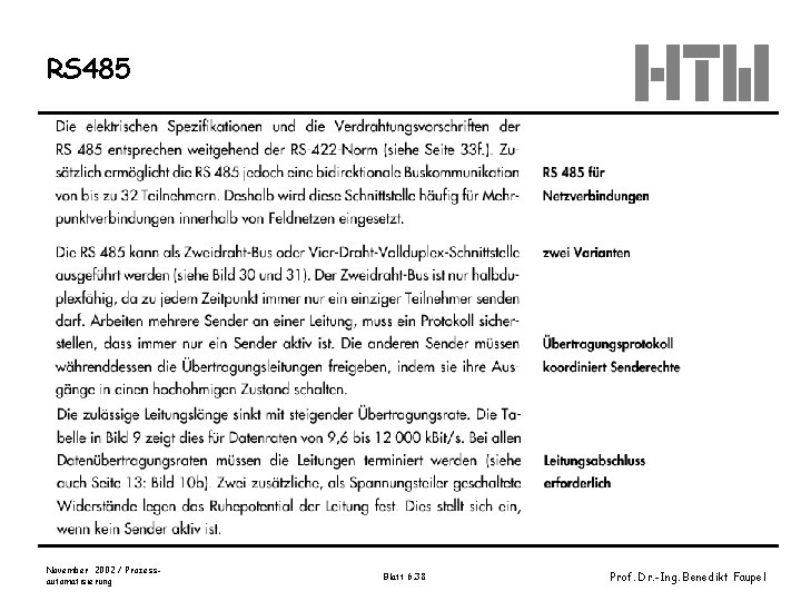 RS 485 November 2002 / Prozessautomatisierung Blatt 6. 38 Prof. Dr. -Ing. Benedikt Faupel