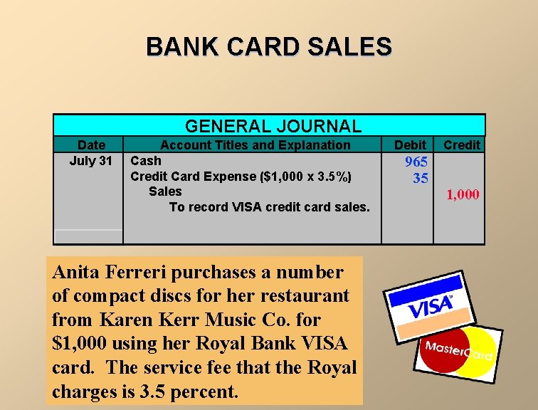 BANK CARD SALES GENERAL JOURNAL Date July 31 Account Titles and Explanation Cash Credit