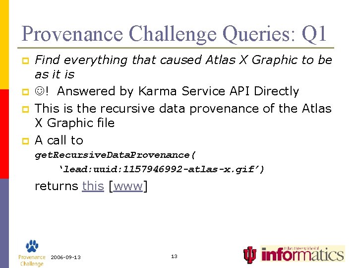 Provenance Challenge Queries: Q 1 p p Find everything that caused Atlas X Graphic
