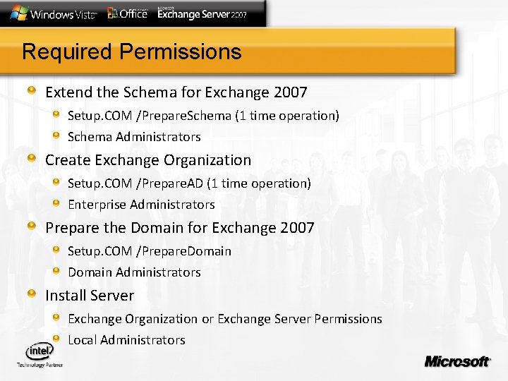 Required Permissions Extend the Schema for Exchange 2007 Setup. COM /Prepare. Schema (1 time