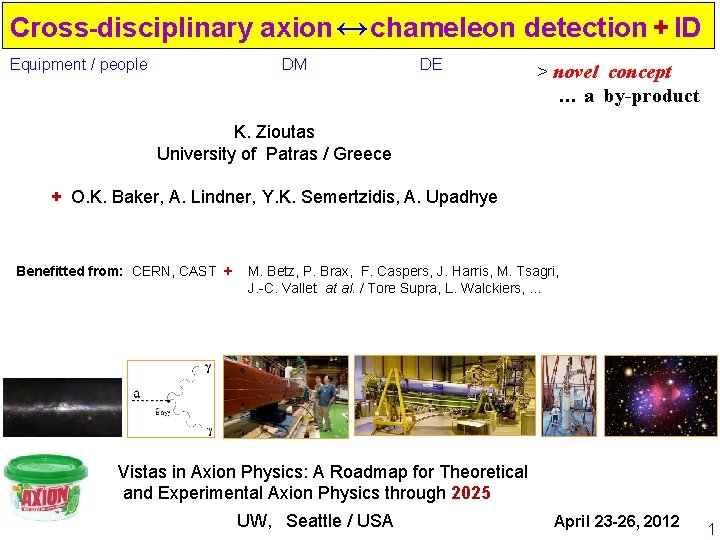 Cross-disciplinary axion ↔ chameleon detection + ID Equipment / people DM DE > novel