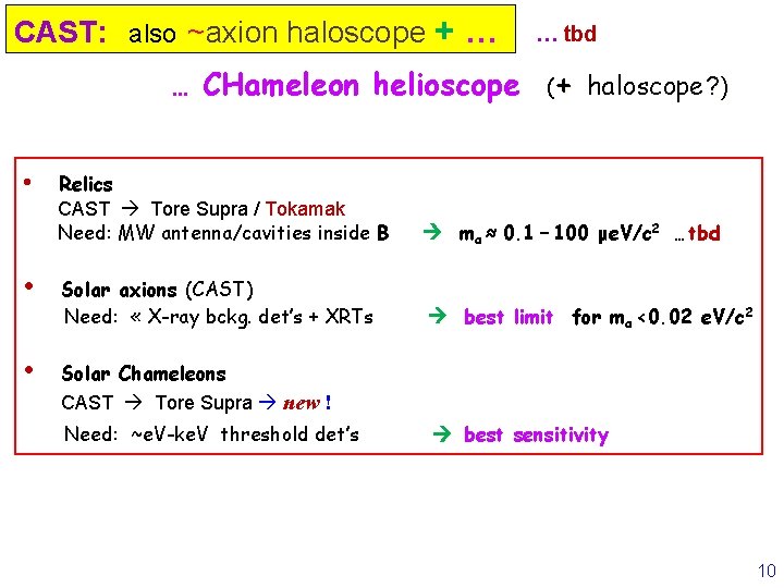 CAST: also ~axion haloscope + … … CHameleon helioscope • • … tbd (+