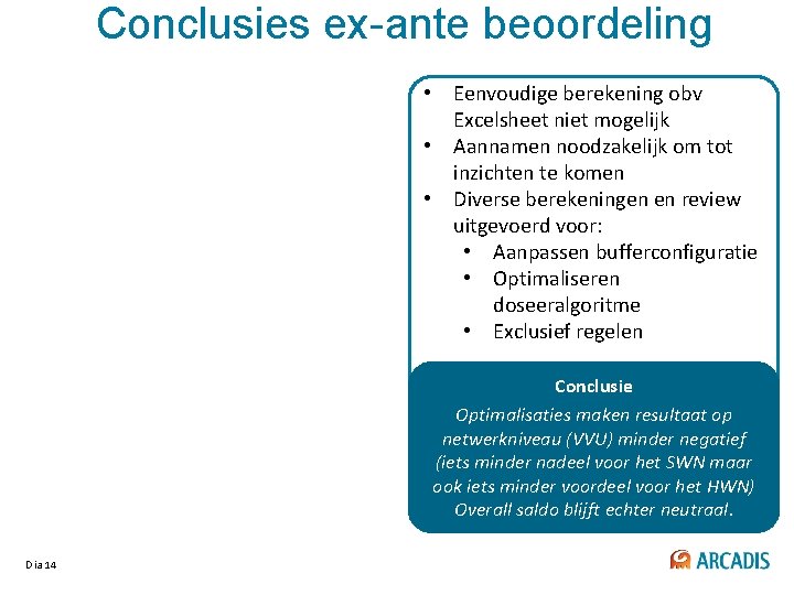 Conclusies ex-ante beoordeling • Eenvoudige berekening obv Excelsheet niet mogelijk • Aannamen noodzakelijk om